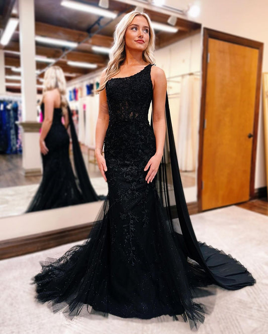 One Shoulder Black Lace Mermaid Long Prom Dress J2987