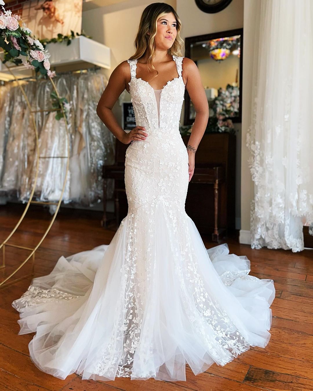 Off The Shoulder White Lace Mermaid Wedding Dress J2988