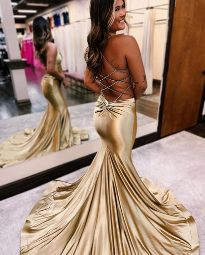 Robe de bal longue sirène en satin doré à col en V J2989