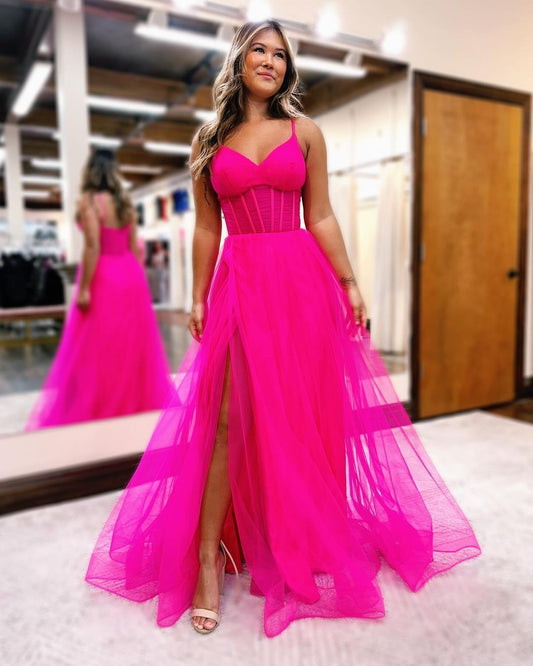 V Neck Hot Pink A Line Tulle Prom Dress With Slit  J2991