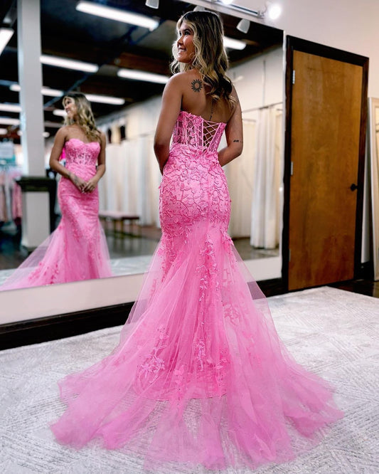 Strapless Pink Applique Lace Mermaid Long Prom Dress J3015