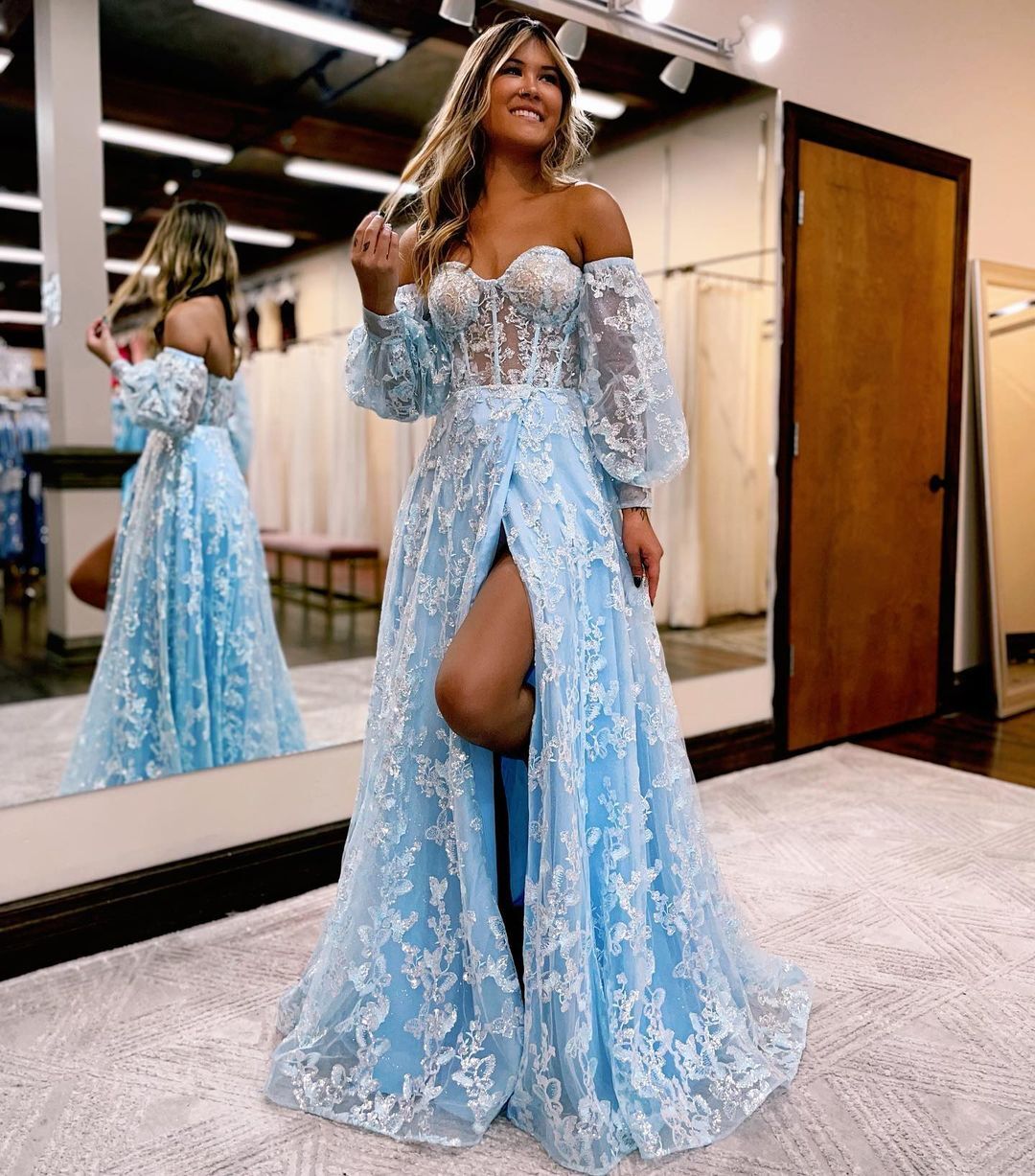 Blue Lace A Line Long Prom Dress Applique Formal Party Dress J3026 – JulyProm