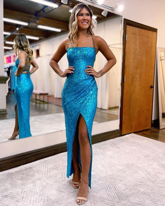 Blue Sequin Sheath Long Prom Dress Slit Formal Party Dress J3028