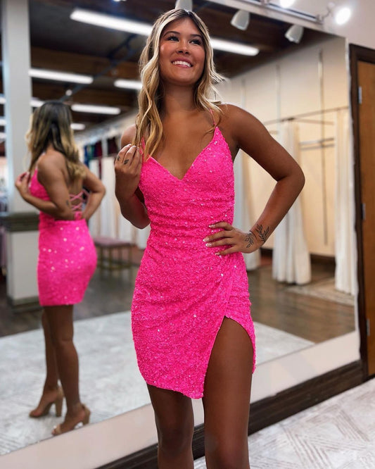 V Neck Hot Pink Sequin Sheath Short Prom Dress Homecoming Dress J3035