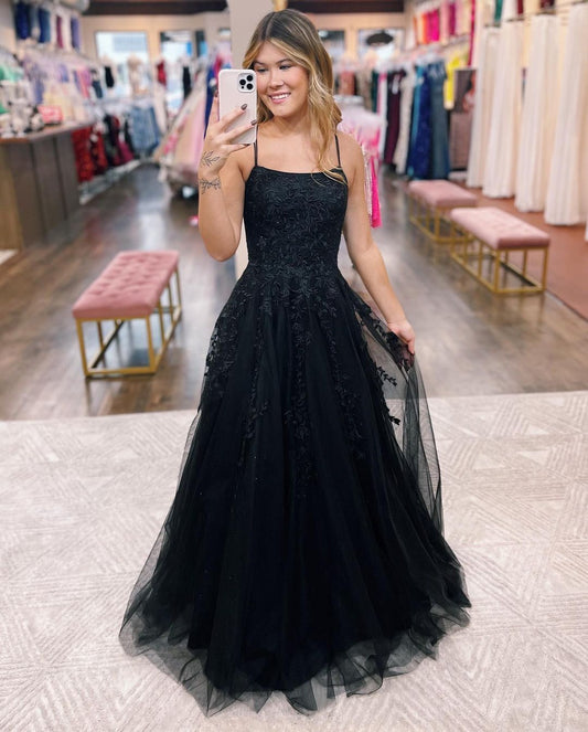 Black A Line Tulle Long Prom Dress Applique Formal Party Dress J3057