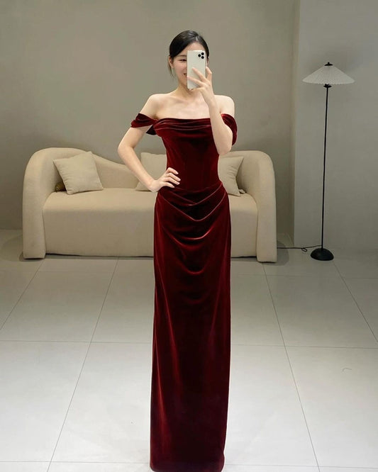 Off The Shoulder Burgundy Sheath Long Prom Dress J3058