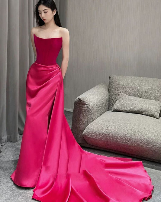 Strapless Sheath Hot Pink Long Prom Dress With Slit J3059