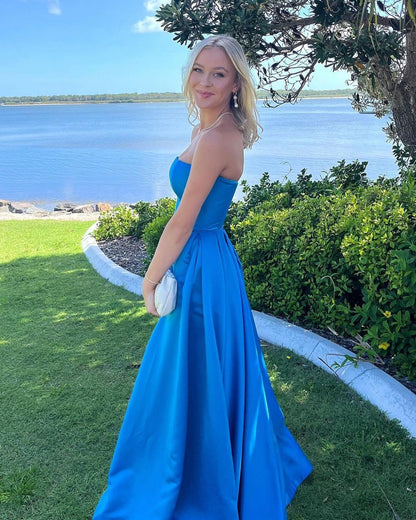 Trägerloses A-Linie Satin Langes Ballkleid Formales Partykleid J3065