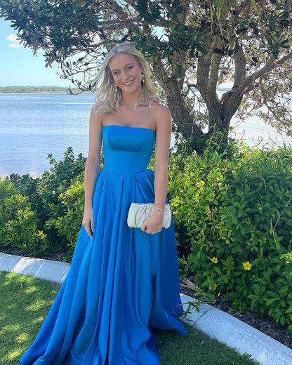 Trägerloses A-Linie Satin Langes Ballkleid Formales Partykleid J3065