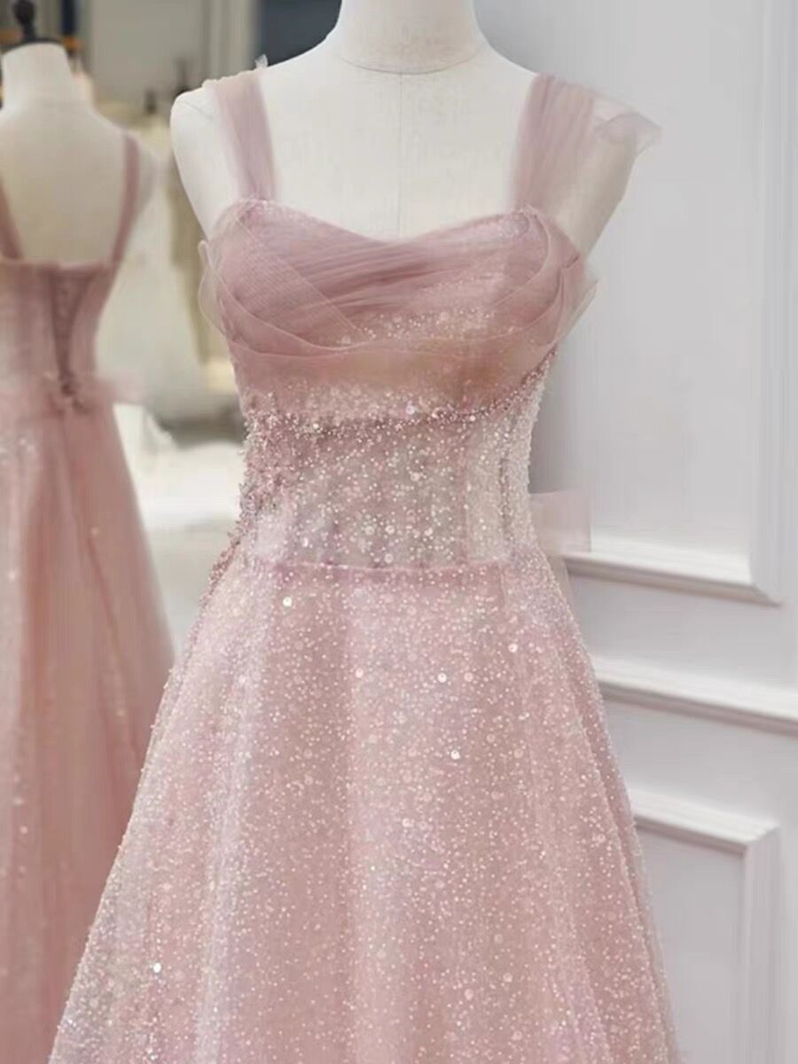 Pink A Line Tulle Long Prom Dress Shiny Birthday Party Dress J3074