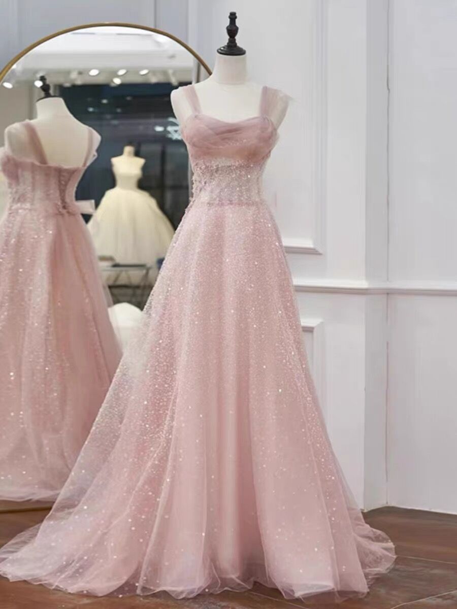 Pink A Line Tulle Long Prom Dress Shiny Birthday Party Dress J3074