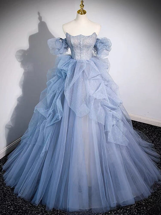 Strapless Blue A Line Tulle Ball Gown Prom Dress J3076