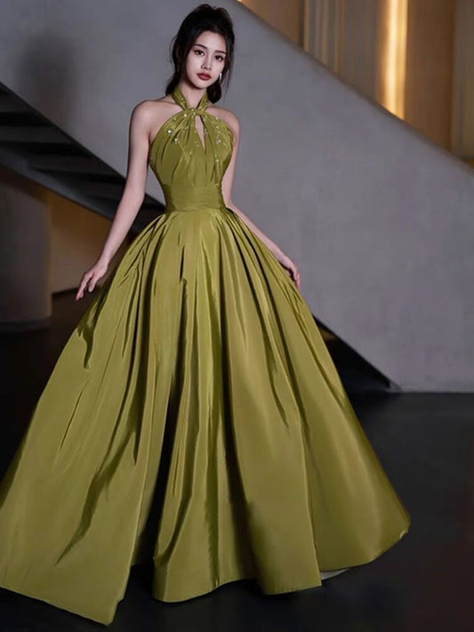 Halter A Line Green Satin A Line Long Prom Dress J3079