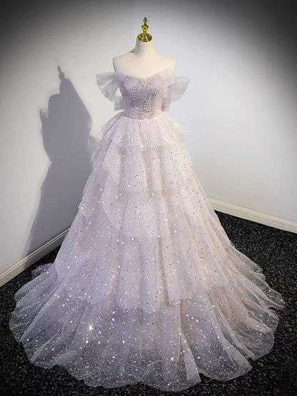 Robe de bal longue rose clair en tulle brillant, coupe trapèze, tenue de fête d'anniversaire, J3085