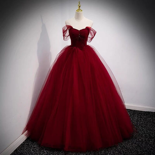 A Line Burgundy Tulle Long Prom Dress Birthday Party Gown J3092