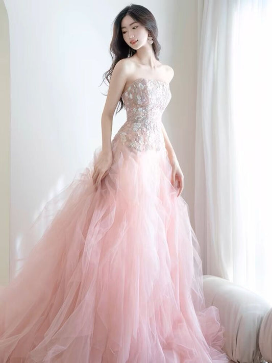 Strapless A Line Pink Tulle Long Prom Dress Birthday Party Gown J3094