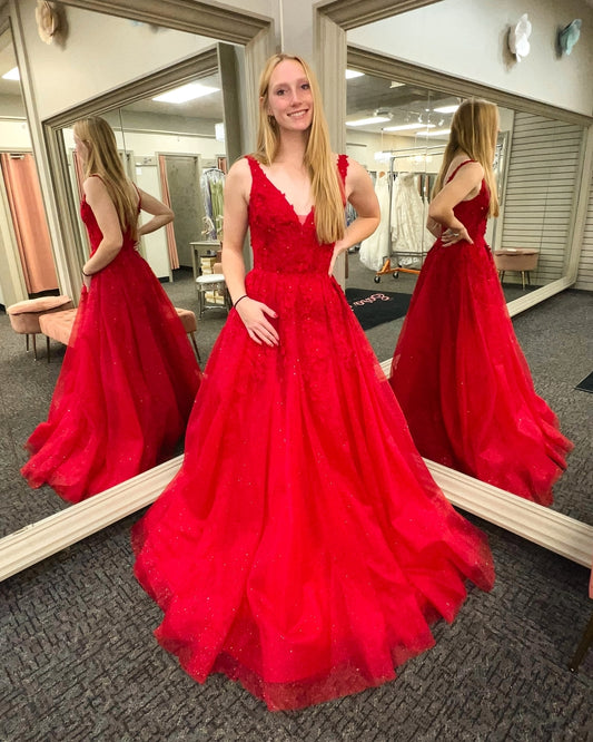 A Line V Neck Red Tulle Long Prom Dress Applique Party Gown J3097