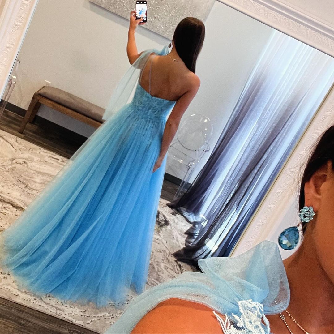 One Shoulder A Line Blue Tulle Long Prom Dress J3098