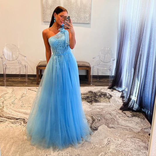 One Shoulder A Line Blue Tulle Long Prom Dress J3098