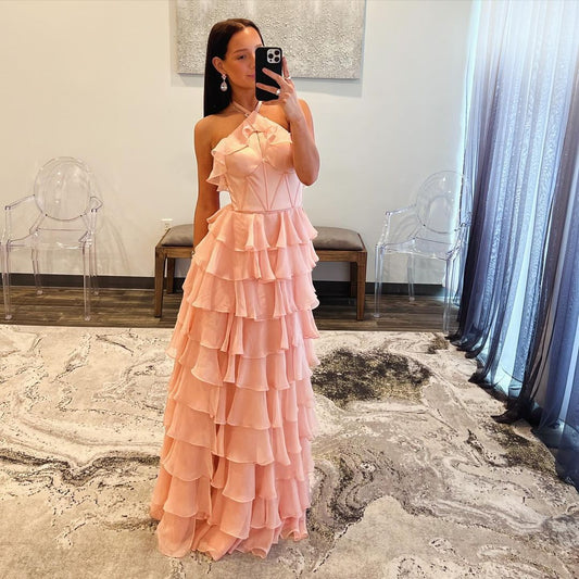 Pink A Line Layered Long Prom Dress Formal Party Dress J3099