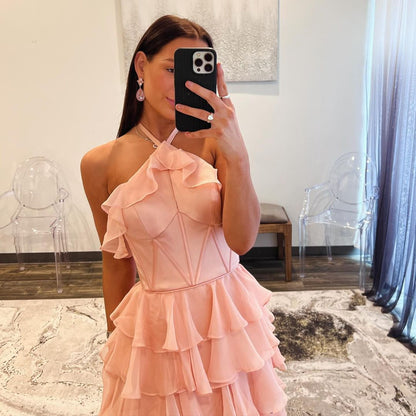 Rosa A-Linie Lagen Langes Ballkleid Formelles Partykleid J3099