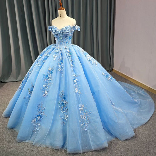 Blue Sweet 16 Birthday Party Dress Off The Shoulder Ball Gown J3103