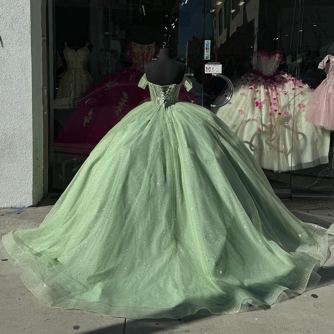 Green Sweet 16 Birthday Party Prom Dress Off The Shoulder Ball Gown J3104