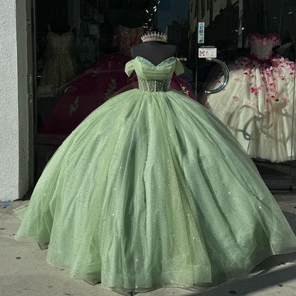 Green Sweet 16 Birthday Party Prom Dress Off The Shoulder Ball Gown J3104