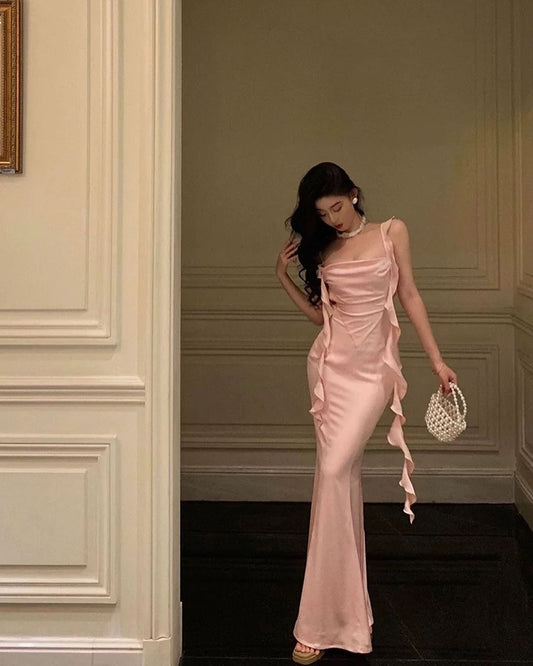 Satin Pink Sheath Long Prom Dress Formal Party Dress J3106