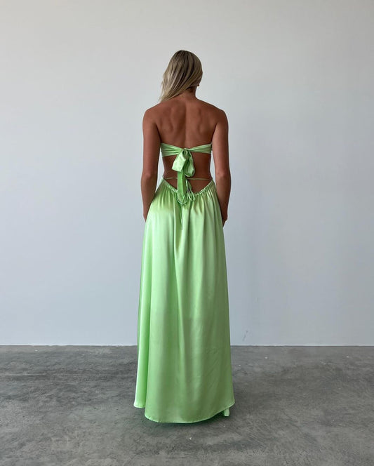 Strapless A Line Green Satin Long Prom Dress J3111