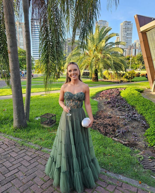 Strapless Green A Line Tulle Long Prom Dress J3114