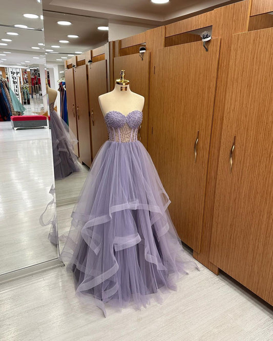 Strapless A Line Lilac Tulle Long Prom Dress J3117