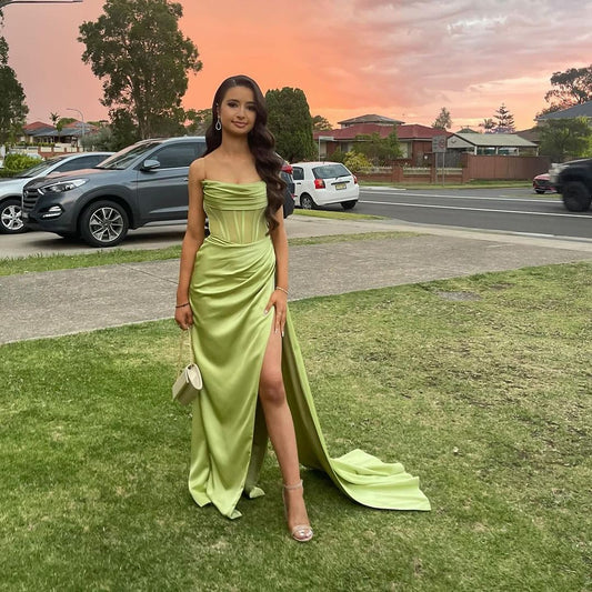 Green Sheath Satin Long Prom Dress With Slit J3124