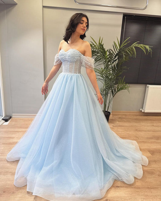 Off The Shoulder A Line Blue Long Prom Dress  J3129