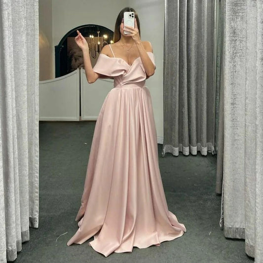 Off The Shoulder A Line Pink Satin Long Prom Dress J3131