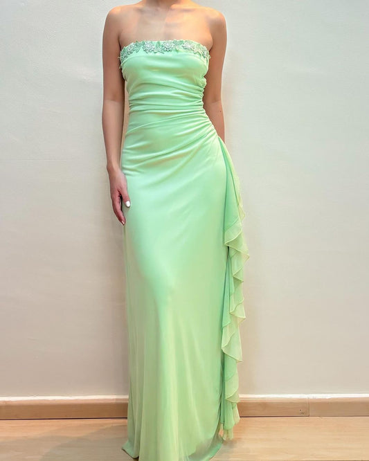 Strapless Green Sheath Ruffle Long Prom Dress J3134