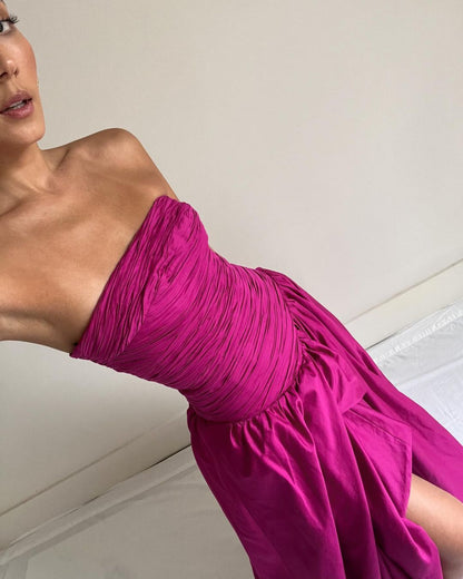 Robe de bal longue bustier fuchsia coupe trapèze, tenue de soirée formelle J3150