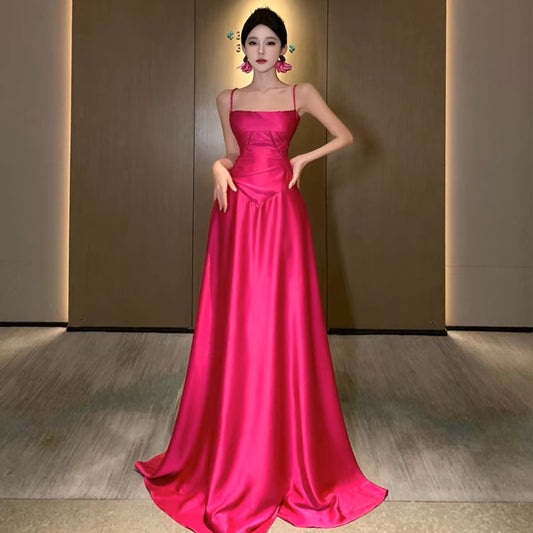 A Line Satin Rose Red Long Prom Dress Formal Party Dress J3155