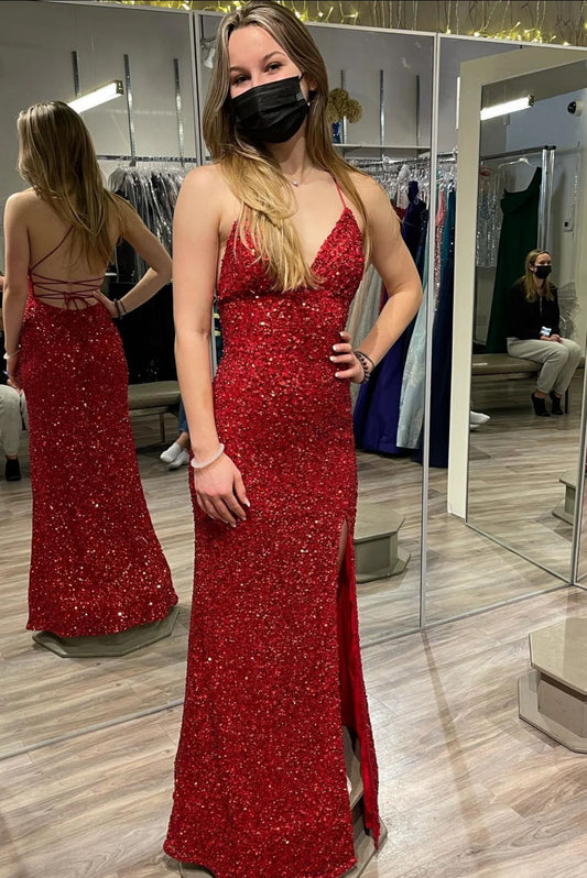 Backless Sheath Red Sequin Long Prom Dress J3158