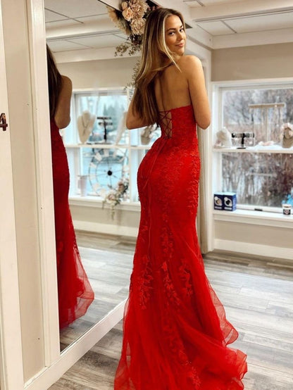 Strapless Red Mermaid Lace Long Prom Dress J3162