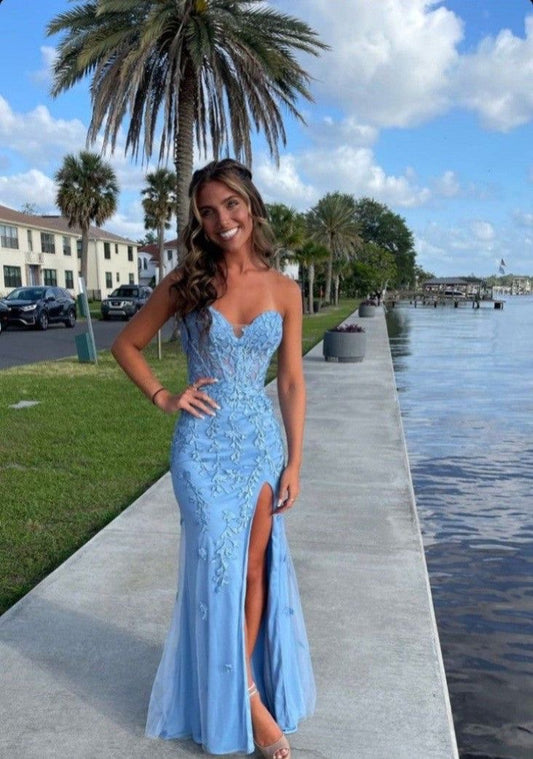 Strapless Blue Mermaid Lace Long Prom Dress J3163