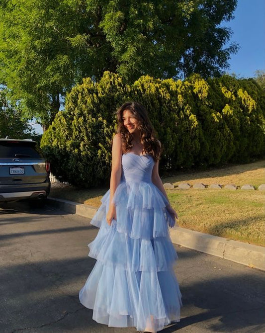 Strapless Blue A Line Tulle Layered Long Prom Dress J3168