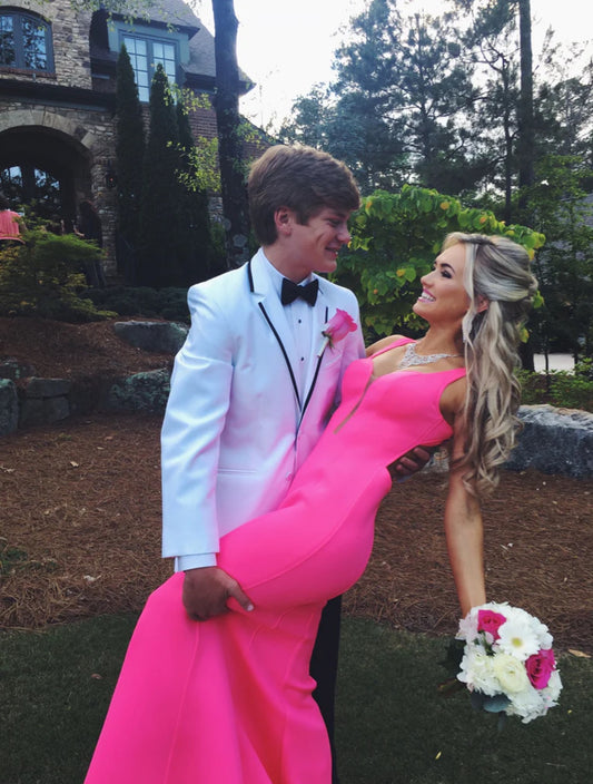 V Neck Hot Pink Mermaid Long Prom Dress  J3171