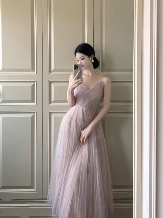 V Neck Light Pink Tulle A Line Prom Dress J3174