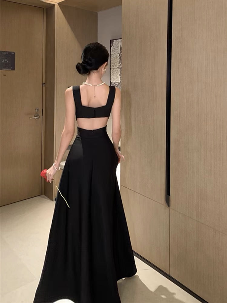 Elegant Black Satin A Line Long Prom Dress J3175