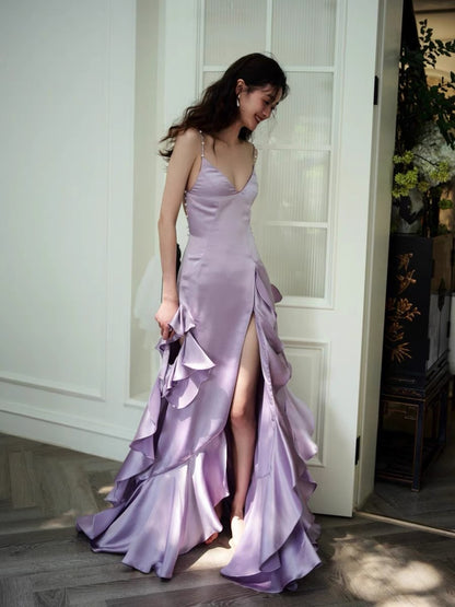 Lila A-Linie Satin Langes Ballkleid mit Rüschen und Schlitz J3184