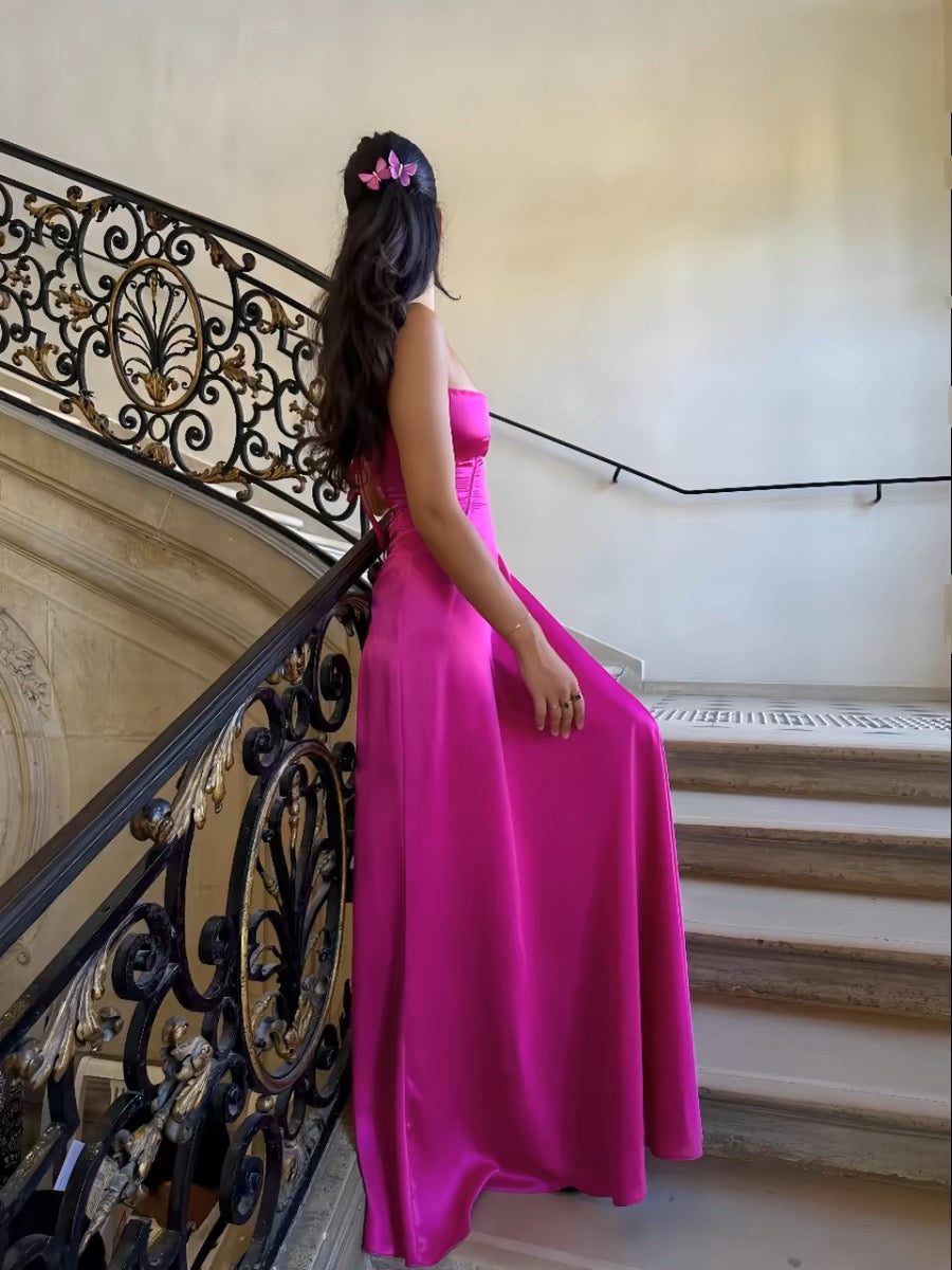 Hot Pink A Line Satin Long Prom Dress J3185