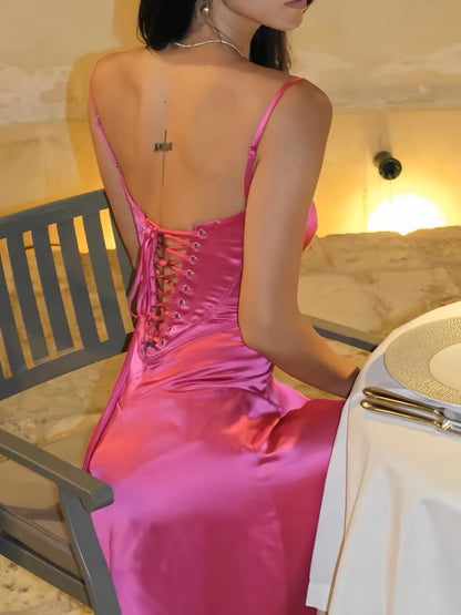 Hot Pink A Line Satin Long Prom Dress J3185