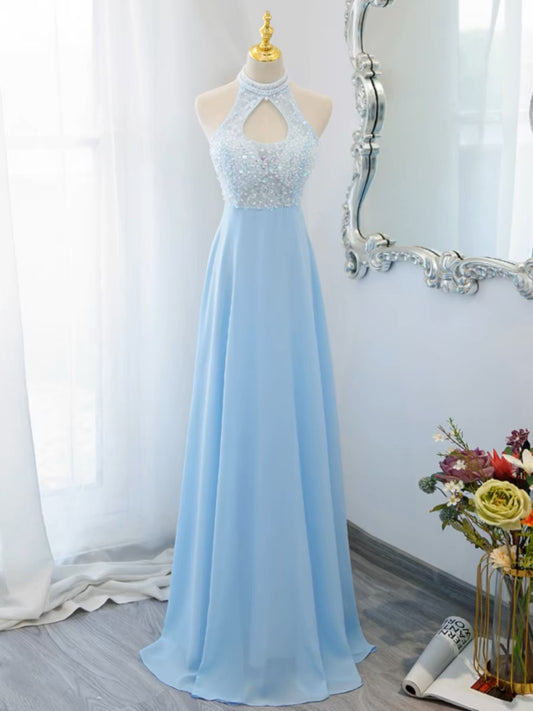 Blue Halter A Line Chiffon Long Prom Dress  J3188