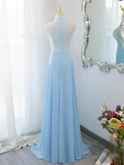 Blaues Neckholder-A-Linien-Chiffon-Ballkleid J3188